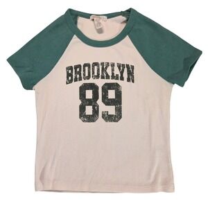 Full Tilt Womens Brooklyn 89 Raglan Crop Tshirt Teal White Ribbed Knit Size M